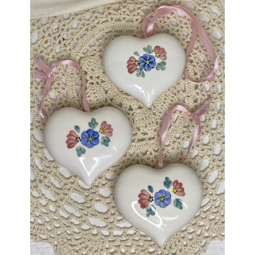 Vintage Hand Painted Ceramic Hearts Wall Art Set of 3 Country Shabby Chic Decor
